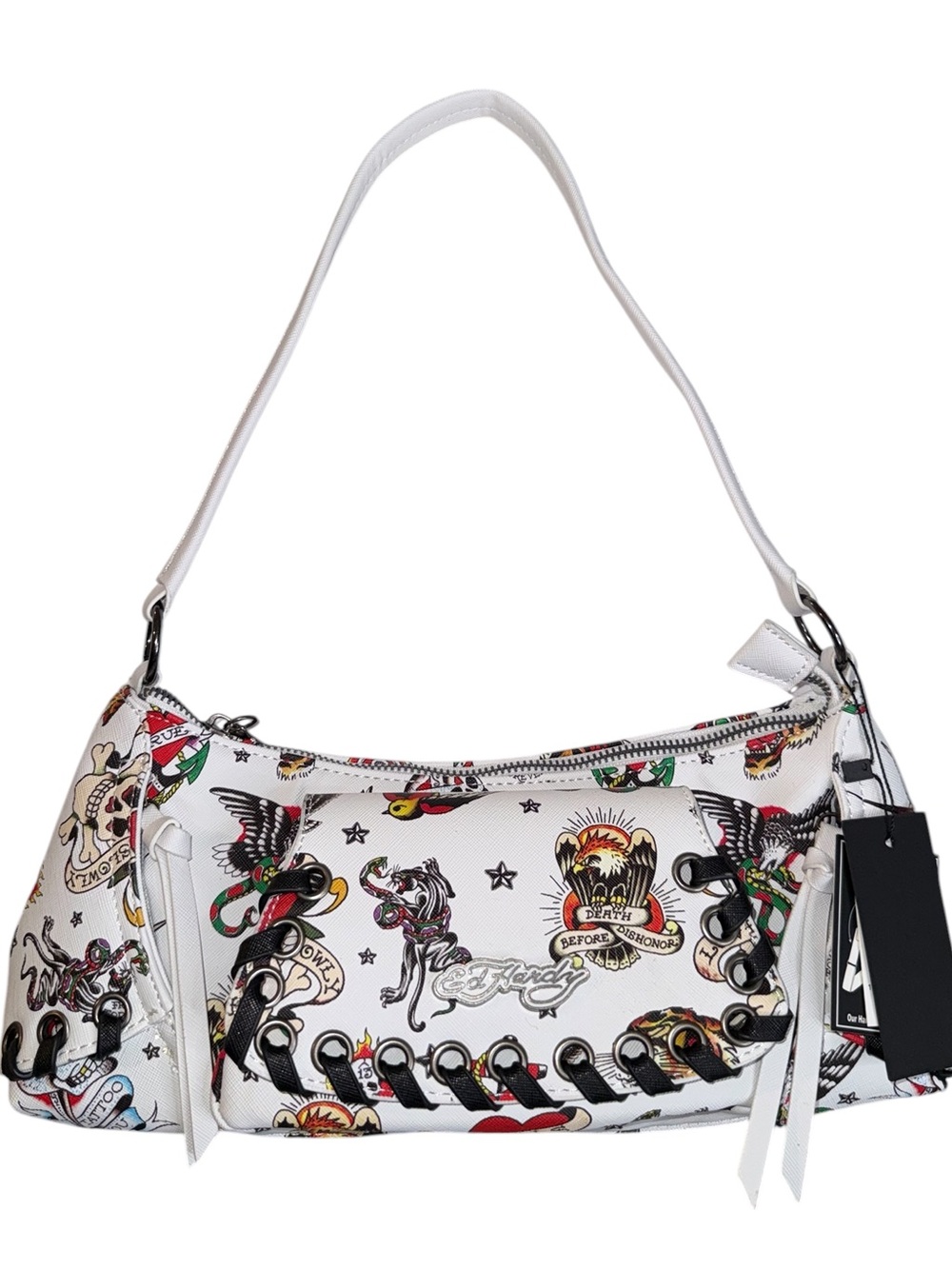 Ed Hardy White Tattoo-Print Shoulder Bag w/faux suede Whipstitch Accents